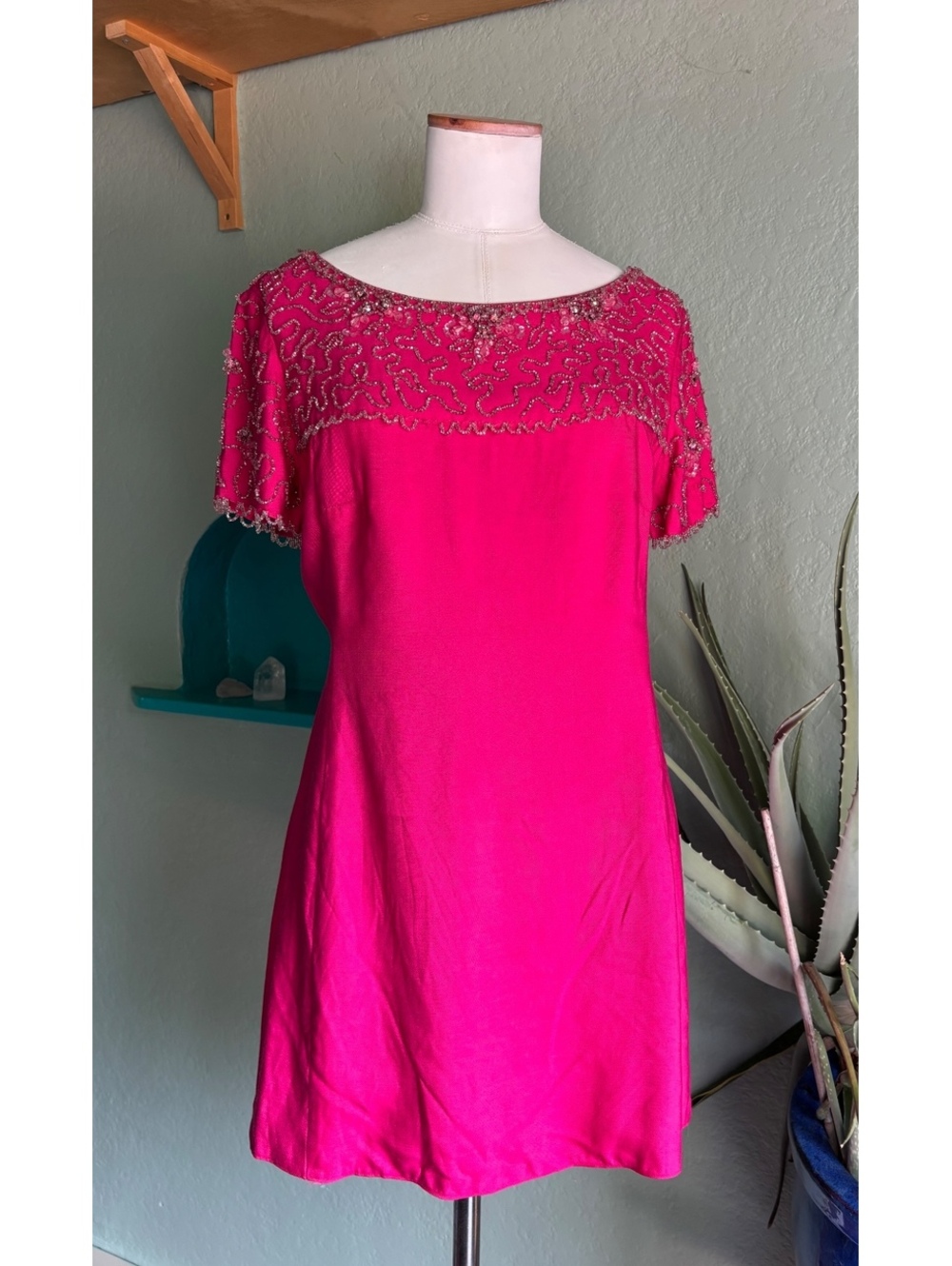 Vintage 60s Hot Pink Beaded Mini Dress Fuchsia Sequin Cocktail Party Dress